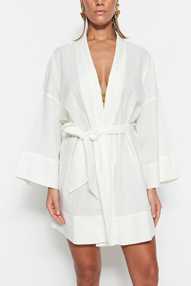 Plaj Giyim Beyaz Dokuma Kuşaklı Mini Kimono&Kaftan TBESS23KM00080 - 4