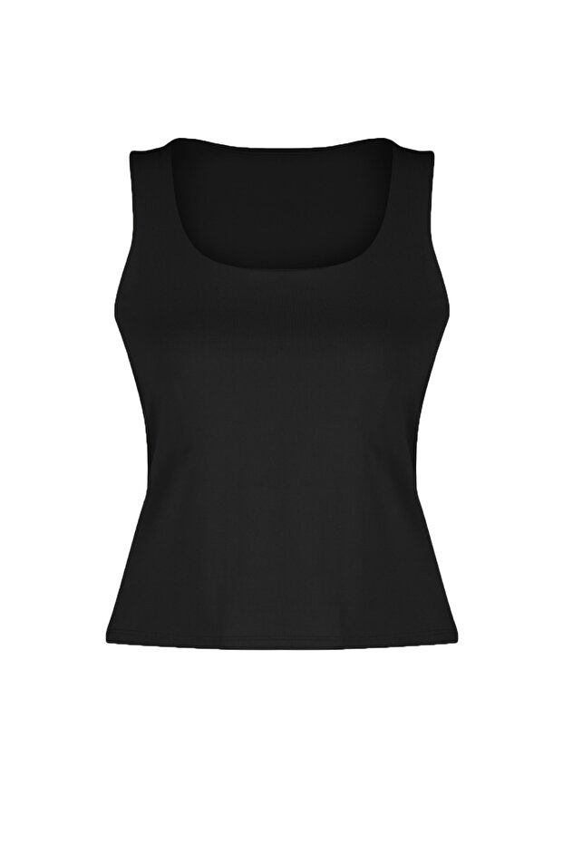 Siyah Kare Yaka Fitted/Vücuda Oturan Esnek Örme Atlet TWOSS23AL00037 - 7