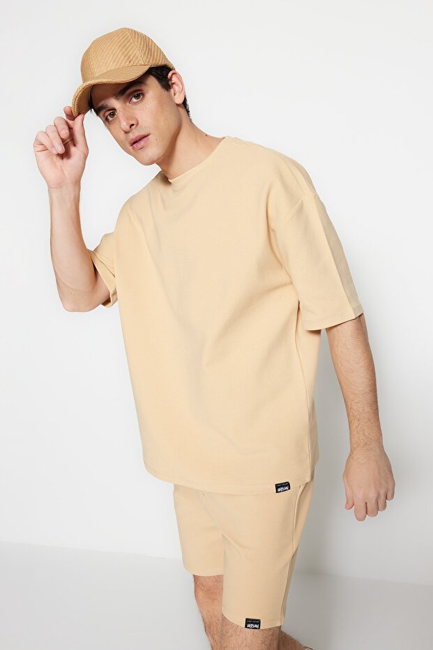 Bej Oversize %100 Pamuklu Etiketli Dokulu Basic Kalın T-Shirt TMNSS23TS00069 - 1