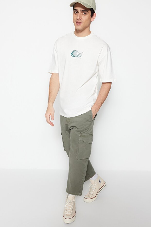 Ekru Oversize/Geniş Kesim Kısa Kol Baskılı %100 Pamuk T-Shirt TMNSS23TS00261 - 1