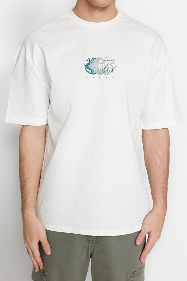 Ekru Oversize/Geniş Kesim Kısa Kol Baskılı %100 Pamuk T-Shirt TMNSS23TS00261 - 4