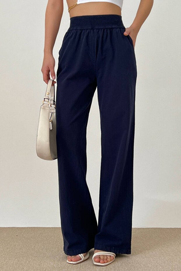 Qustyle Women's Knitted Belt Trousers Navy Blue