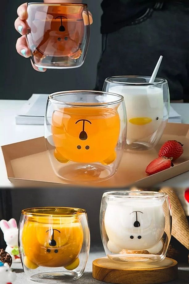 Çift Camlı Cidarlı Sevimli Ayıcık Süt Çay Kahve Su Kupa Bardağı 250ml Ev Ofis Isı Yalıtımlı Bardak - 7