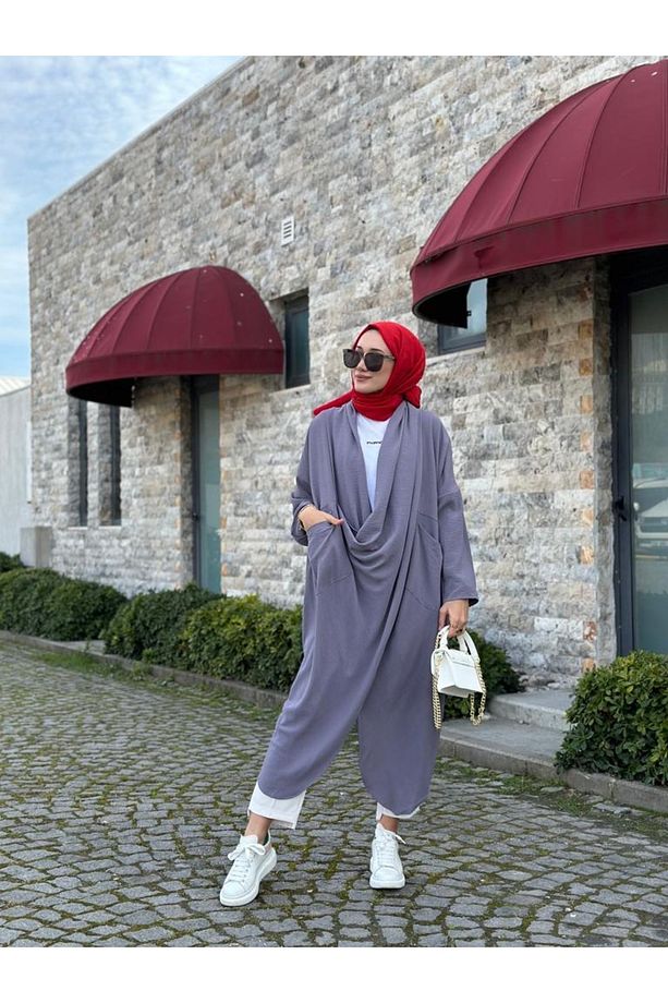 Tesettür Çapraz Kanguru Tunik Gri Model-417 - 3