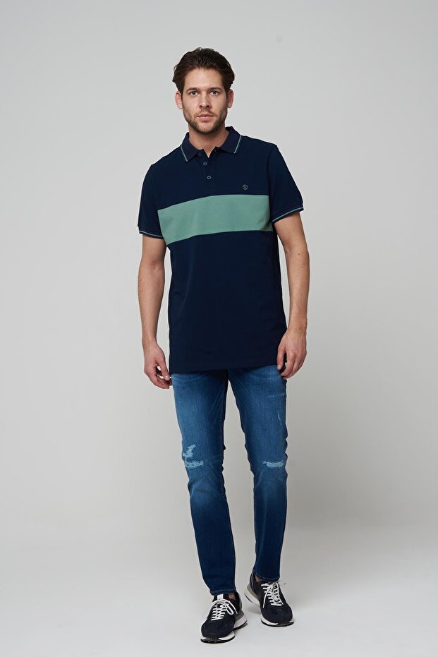 Medium Blue Slim Buttoned Trousers with Patch Detail E 4405-006