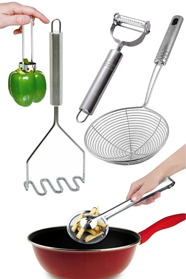 Potato Masher, Colander, Frying Tongs, Vegetable Peeler, Stuffed Pepper Corer