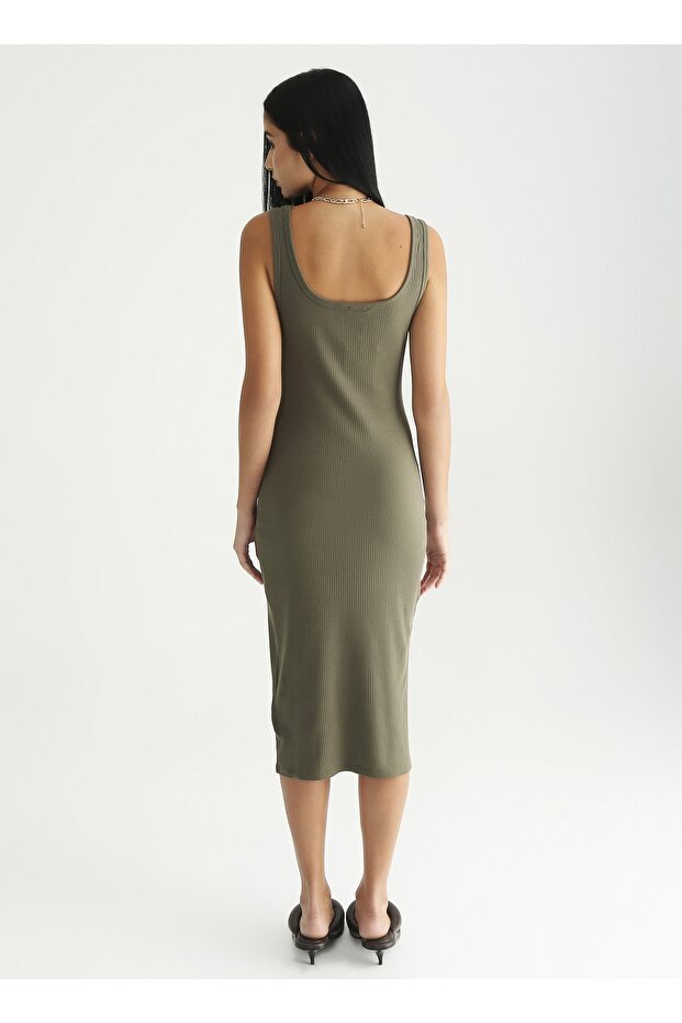 Haki Kadın Kare Yaka Basic Elbise MARSE - 5