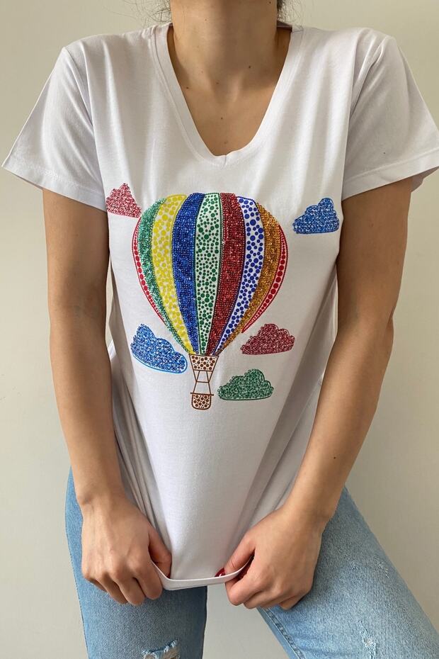 Women's White New Season Balloon Pattern Sequin Embroidered Cotton T-Shirt