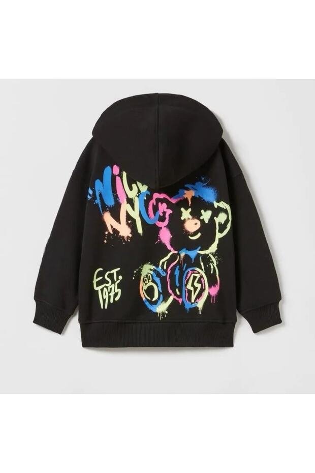 Nyc Nice Est 1975 Neon Teddy Bear Printed Oversize Hoodie - Girl - Boy Hoodie
