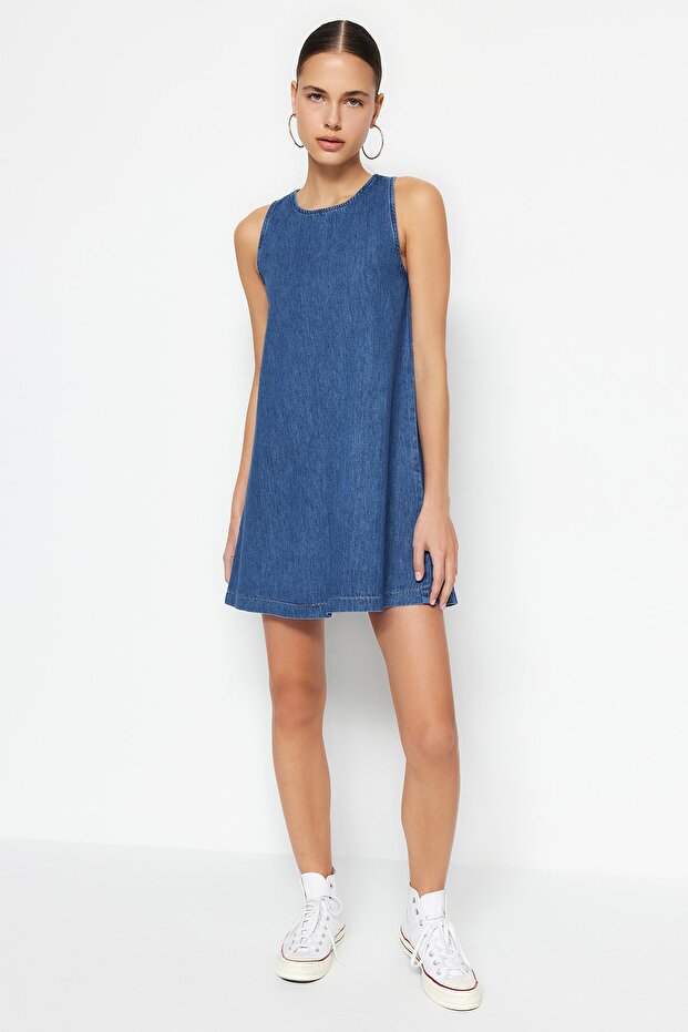 Koyu Mavi Volanlı Oversize Mini Denim Elbise TWOSS23EL01942 - 1