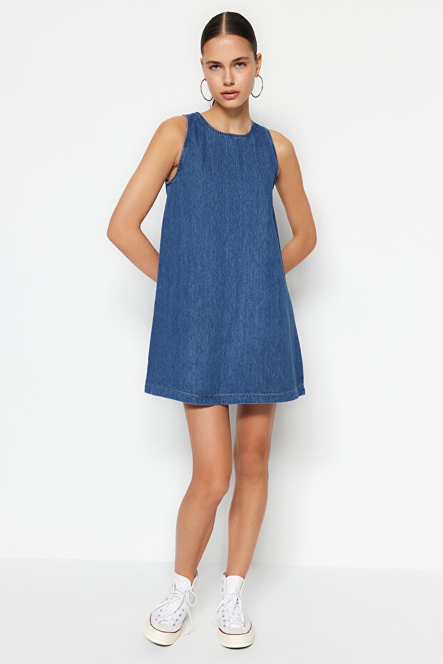 Koyu Mavi Volanlı Oversize Mini Denim Elbise TWOSS23EL01942 - 3