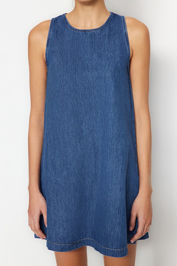 Koyu Mavi Volanlı Oversize Mini Denim Elbise TWOSS23EL01942 - 4