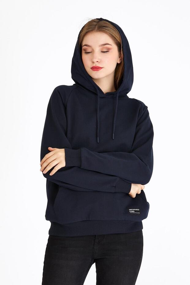 Kadın Lacivert Renk Kapüşonlu Basic Örme Sweatshirt - 2