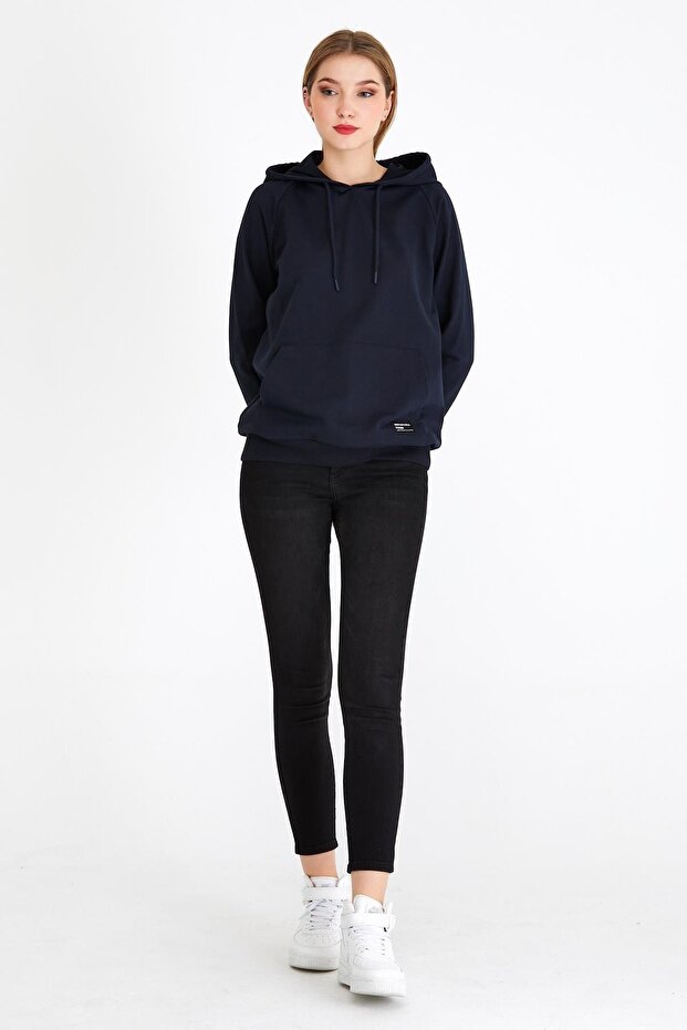Kadın Lacivert Renk Kapüşonlu Basic Örme Sweatshirt - 4
