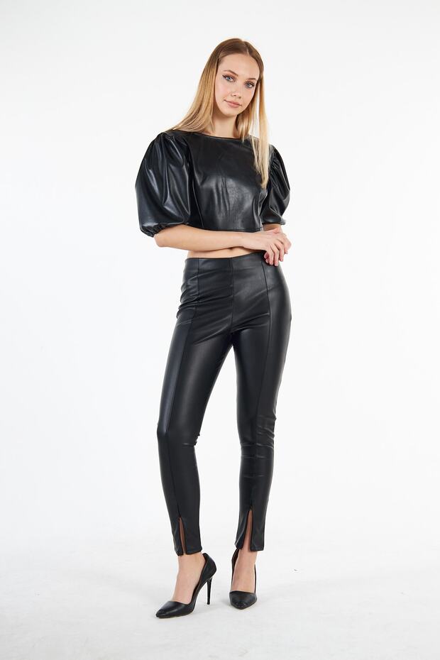 Slit Leg Leather Look Trousers with Zipper Detail