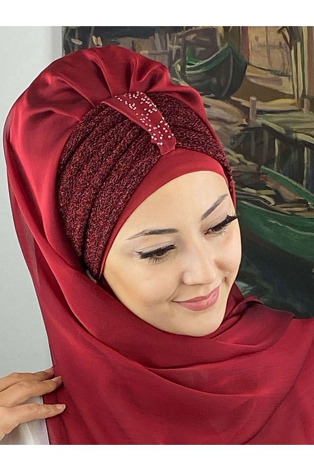 Tek Biritli Sultan Model Büzgülü Fransız Şifon Bordo Hazır Şal - 2