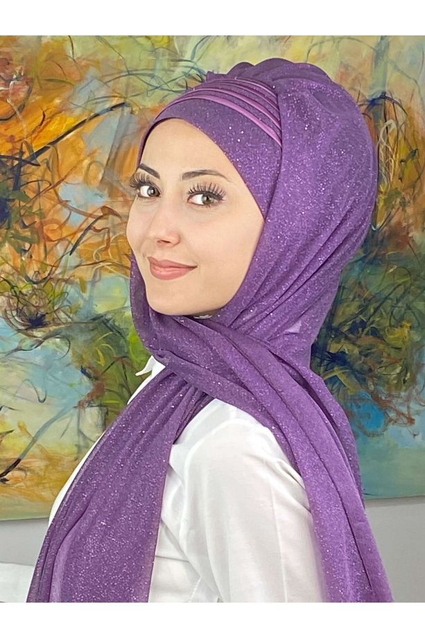 Saray Model Fransız Şifon Drapeli Simli Leylak Rengi Hazır Şal - 5
