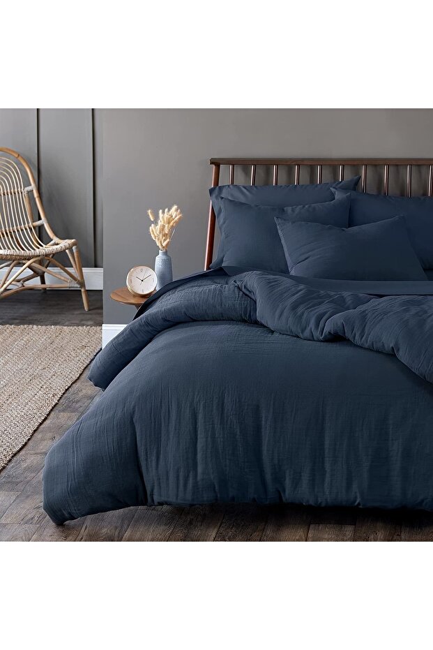 Muslin Duvet Cover Set Double Size 200X220Cm 100% Organic Cotton Blue Soft Textured 4 Layers Without Sheets