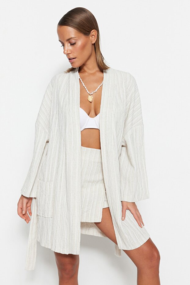 Ekru Dokuma Plaj Mini Kuşaklı Kimono&Kaftan TBESS23KM00081 - 1