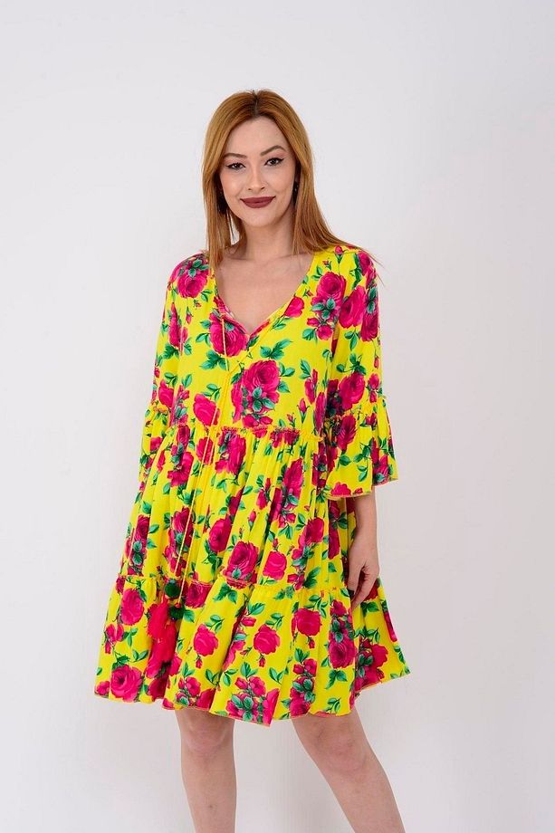 Ponponlu Çiçek Desenli Boho Kısa Ispanyol Elbise - 7