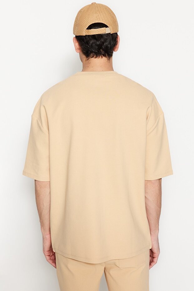 Bej Oversize %100 Pamuklu Etiketli Dokulu Basic Kalın T-Shirt TMNSS23TS00069 - 3