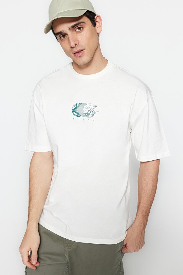 Ekru Oversize/Geniş Kesim Kısa Kol Baskılı %100 Pamuk T-Shirt TMNSS23TS00261 - 5