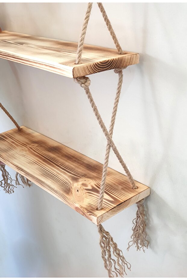 Halatlı Dekoratif Ahşap Raf 3'lü - 5