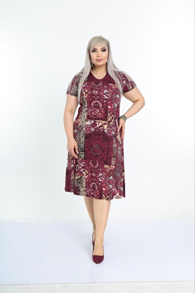 Plus Size Ethnic Pattern Below Knee Cup Model Viscose Dress