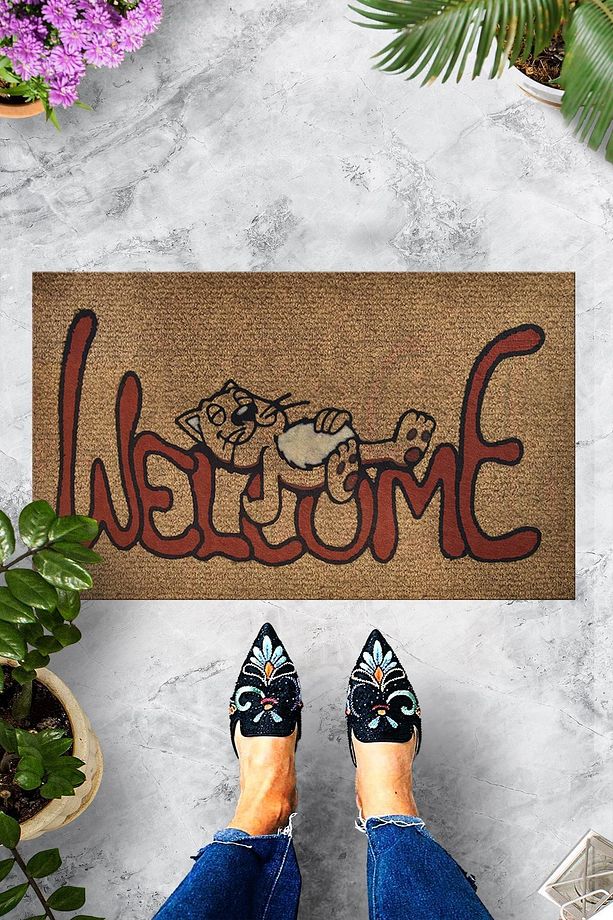 Welcome Yatan Kedi Dekoratif Kapı Önü Paspası - 1