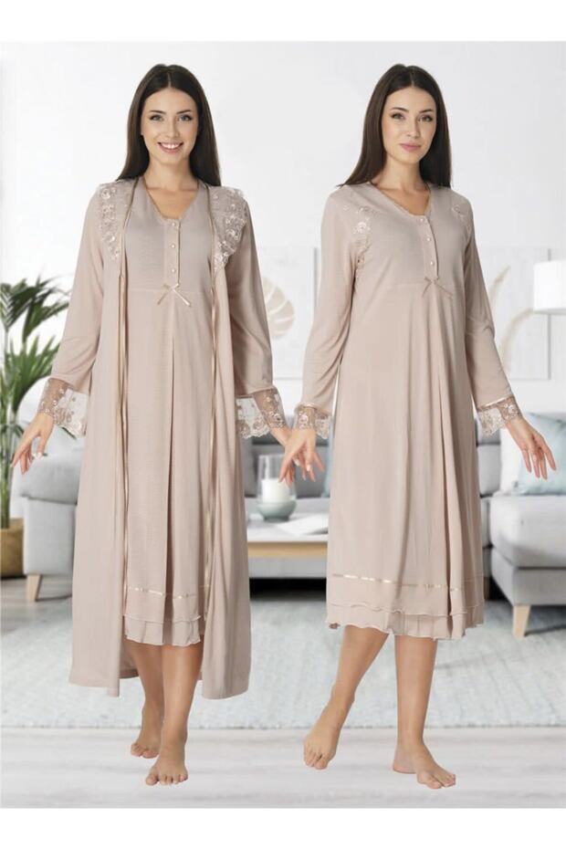 Effort Mink Lace Detailed Long Sleeve Maternity Homewear Dressing Gown Set