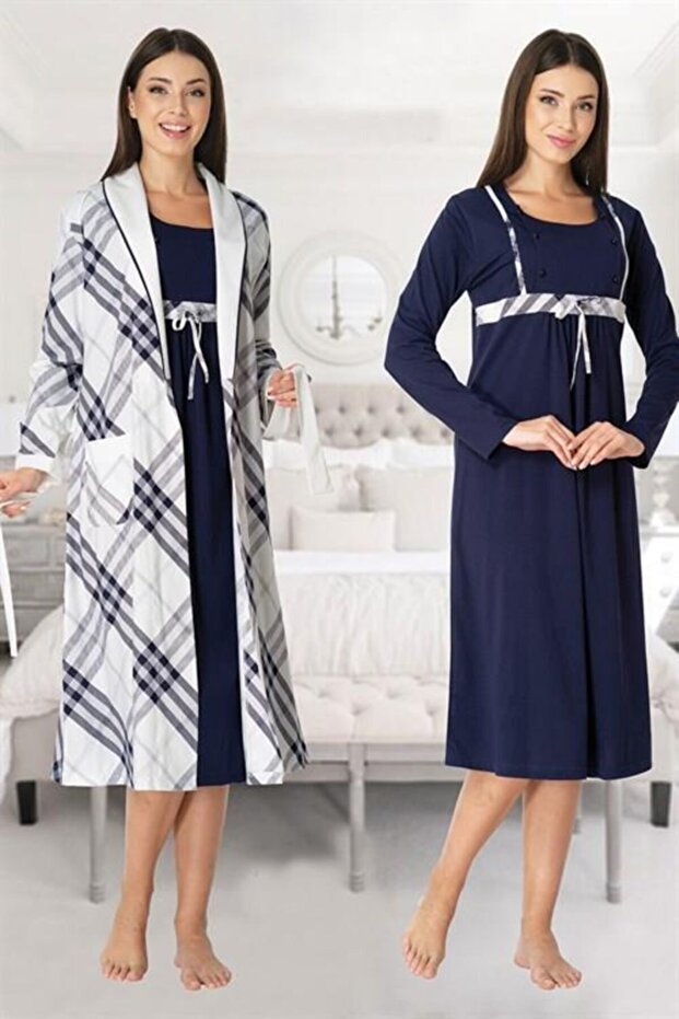 Effort Navy Blue Long Sleeve Plaid Maternity Maternity Nightgown Dressing Gown Set