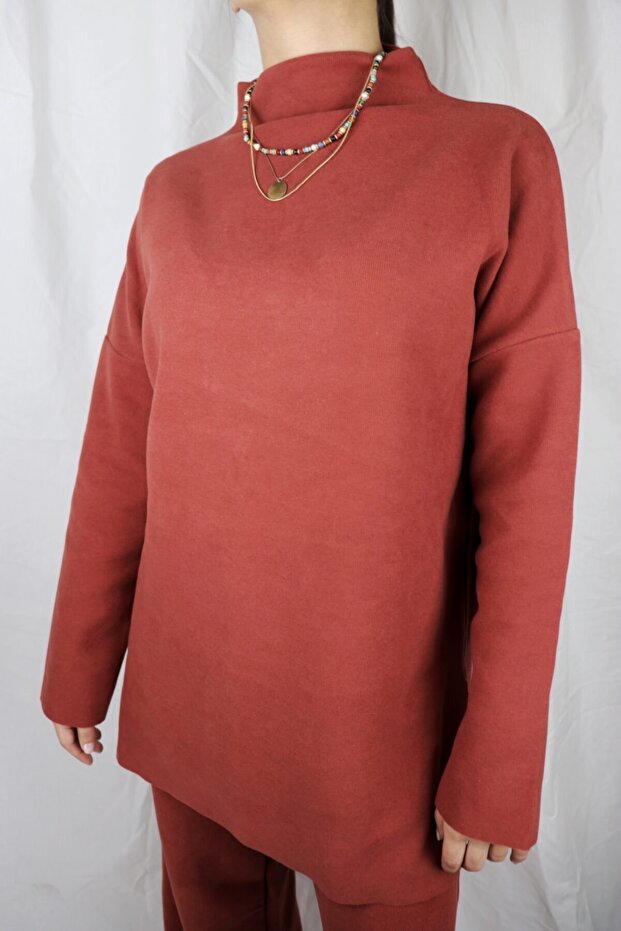 Women's Brick Color Knitwear Tunic with Side Slits