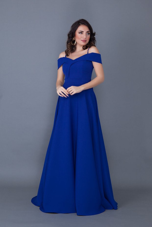 Women's Strappy Off-Shoulder Detail Maxi Length Flared Sax Blue Evening Dress Engagement and Graduation Dress