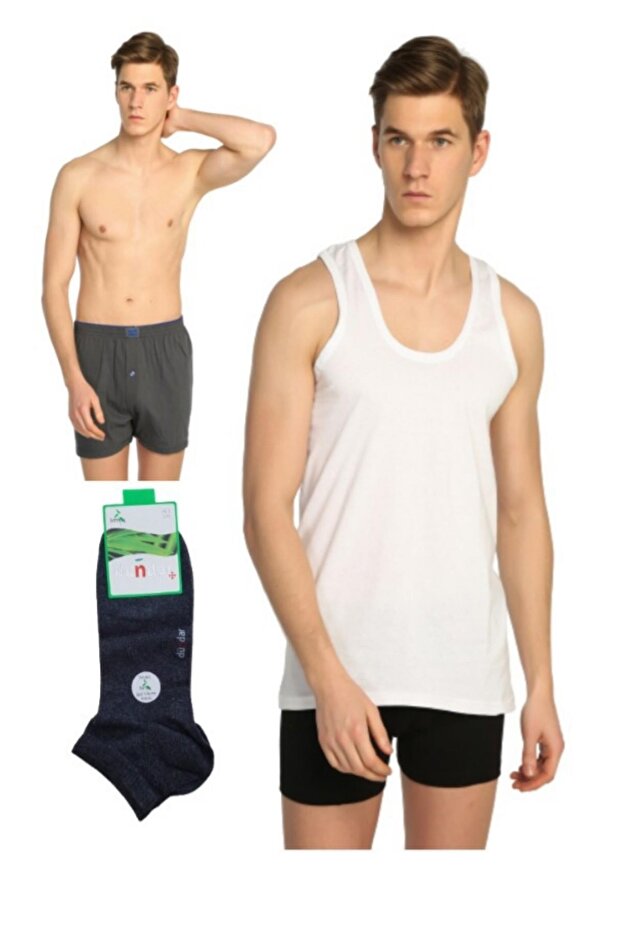 Men's Combed Cotton Undershirt Towel Waist Boxer Dündar Socks Underwear Set