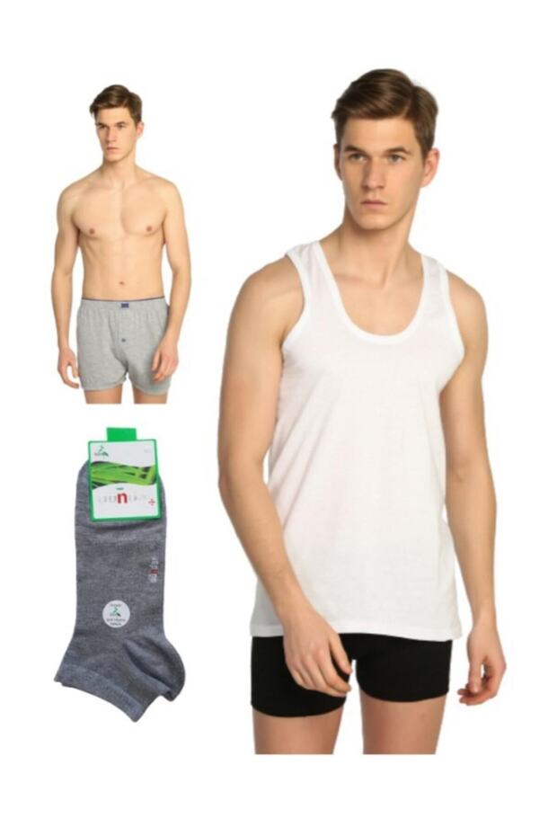 Men's Combed Cotton Undershirt Towel Waist Boxer Dündar Socks Underwear Set