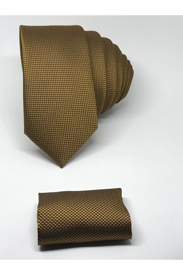 Slim Fit Oxford Bird Eye Pattern Tie with Copper Color Handkerchief