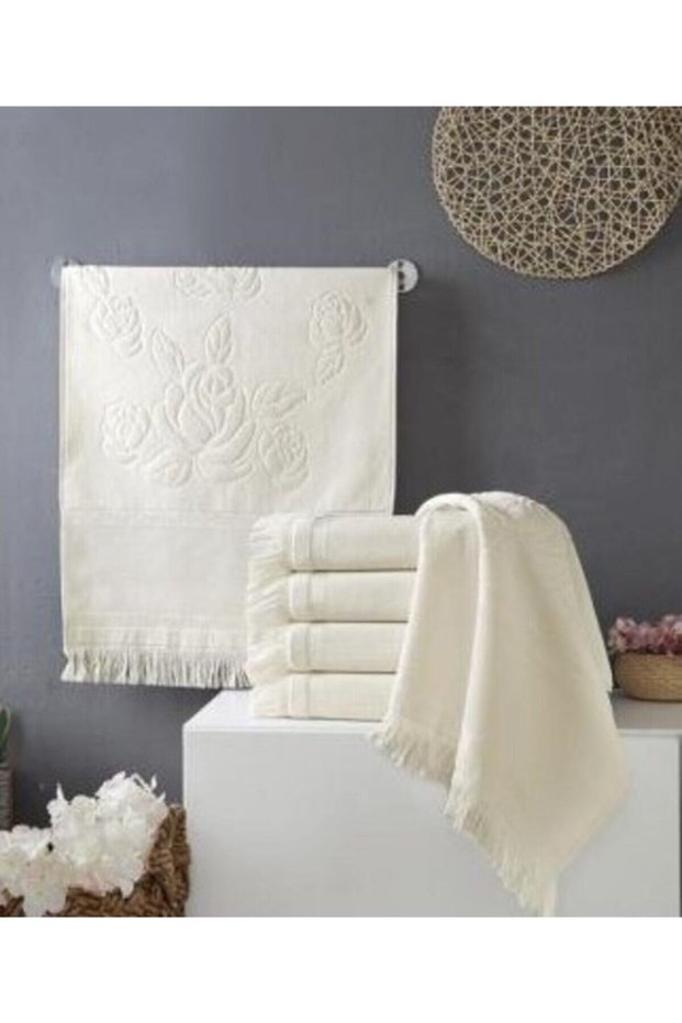 Etamin Kanavice Embroidered Fringed 6 Pieces Cream 50x90 Hand and Face Towels