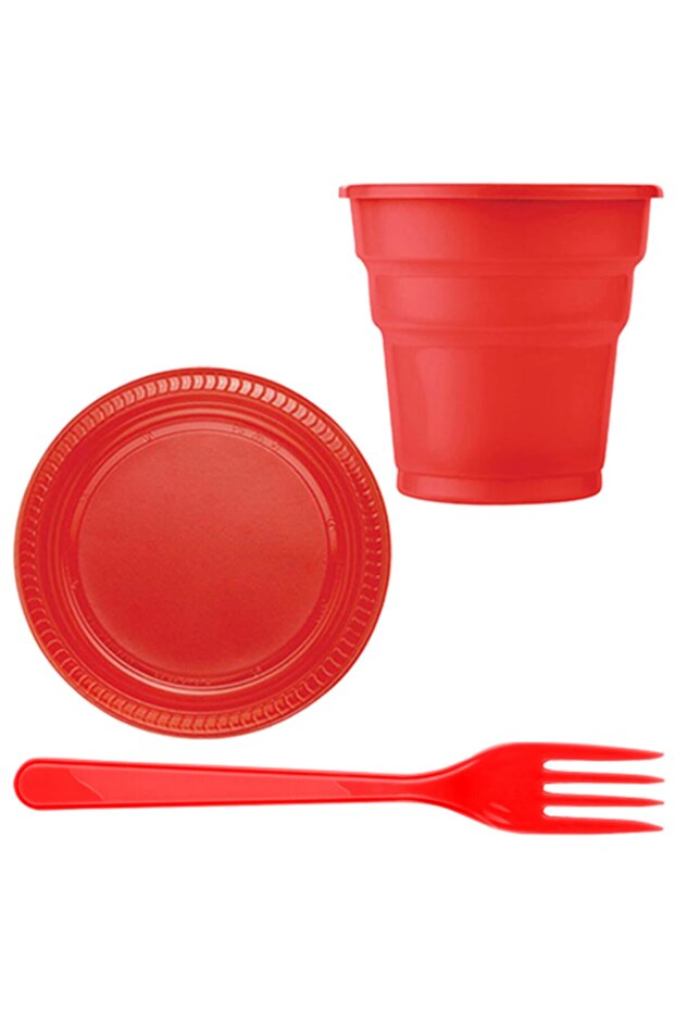 Red Plastic 16 Person Plate Cup Fork Set