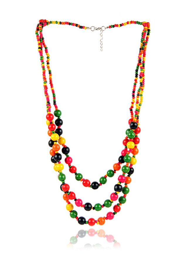Women's Moulin Natural Wooden Beaded Three Row Necklace