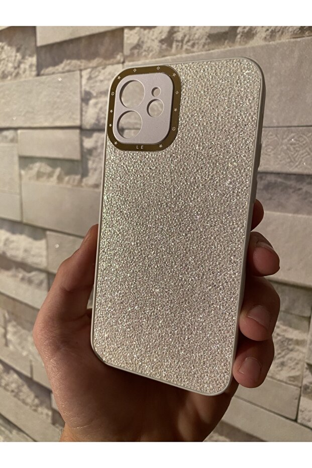 I Phone 13 Pro Max Beyaz Gold Çerçeveli Simli Kılıf - 1