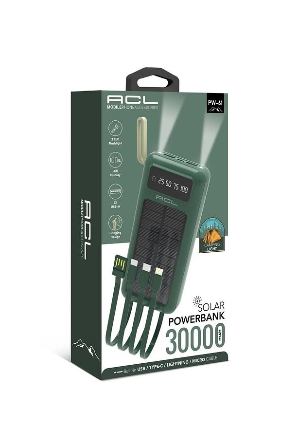 Pw-61 Led Işıklı Usb Mikro Type-c Lighning Kablolu 2xusb 30000mah Lcd Powerbank - 1