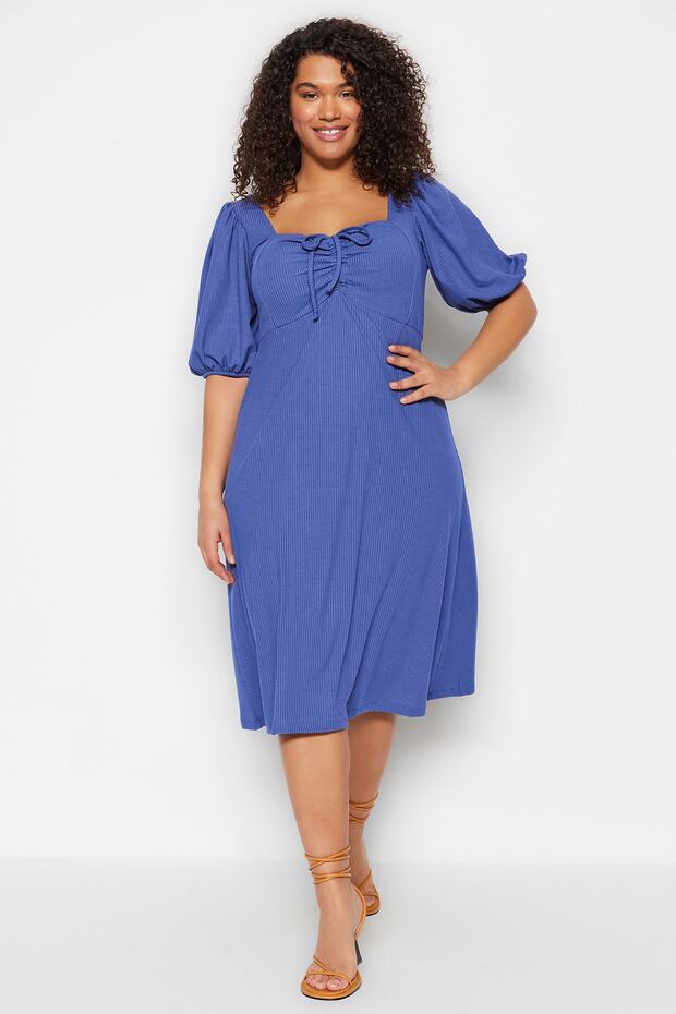 Indigo Pink Heart Collar Bow Decorated A-Line Knitted Plus Size Dress Tbbss23Ah00118