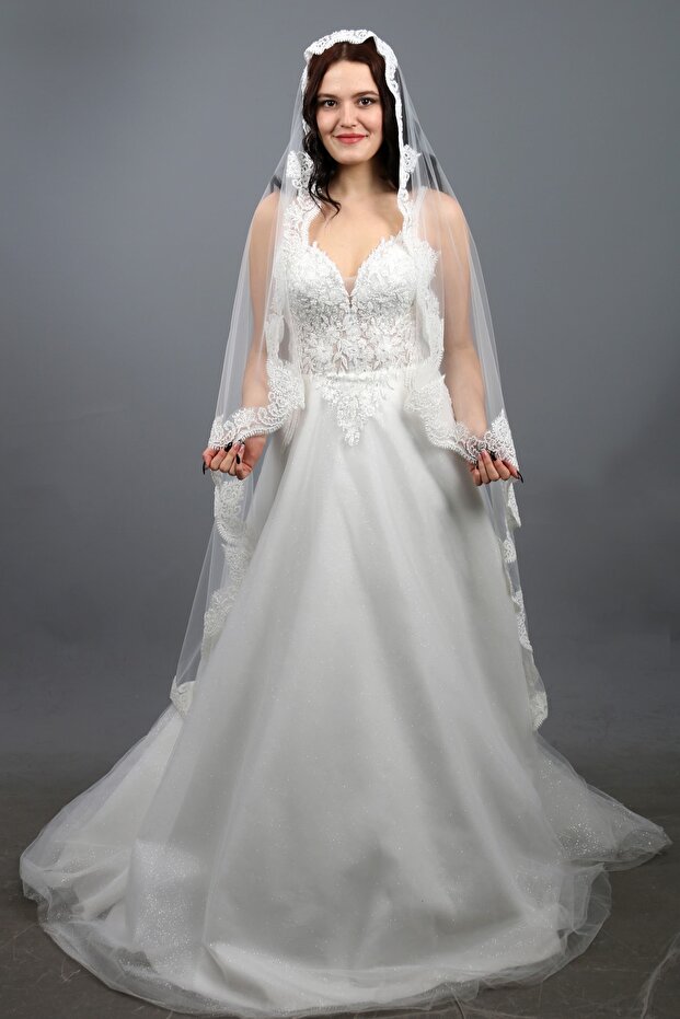 Nun Model Lace Long Wedding Veil 160 cm Length Dream Tulle Sequins Embroidered White Color