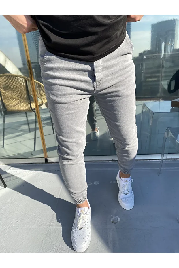 Gri Paça Lastikli Jogger Kot Pantolon - 1