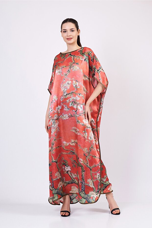 100% Silk Long Dress| Pomegranate Flower Van Gogh Almond Tree|