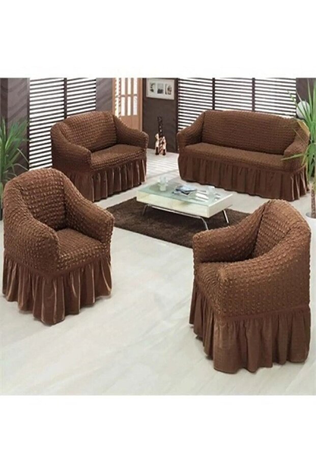 Citrus Bürümcük Sofa Seat Cover Brown Color Maxi Set 3+3+1+1 Elastic Sofa Bed Set Cover