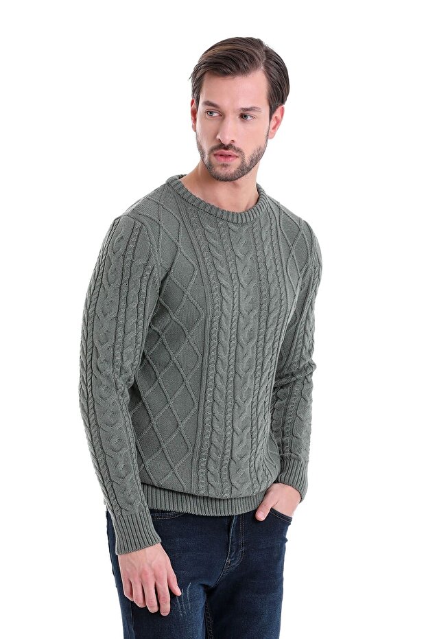 Yeşil Regular Fit Desenli Bisiklet Yaka Pamuklu Triko Kazak - 3