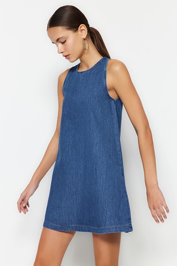 Koyu Mavi Volanlı Oversize Mini Denim Elbise TWOSS23EL01942 - 2