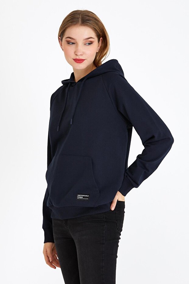 Kadın Lacivert Renk Kapüşonlu Basic Örme Sweatshirt - 3