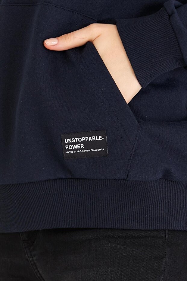 Kadın Lacivert Renk Kapüşonlu Basic Örme Sweatshirt - 5